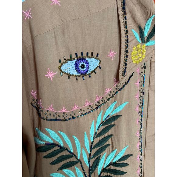 FARM RIO Mystic Embroidered + Beaded L/S Button-Up Shirt Peach/Tan Large - Picture 12 of 15